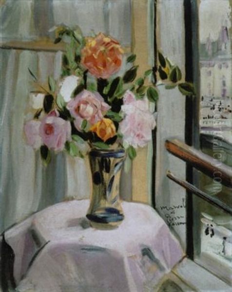 Roses Devant Une Fenetre A Paris Oil Painting by Jacqueline Marval