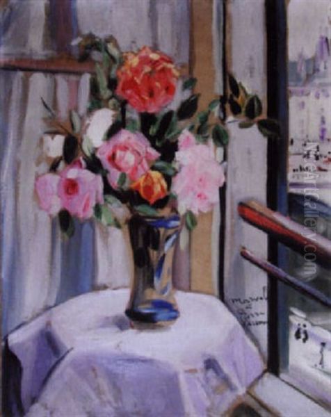 Bouquet De Roses A La Fenetre Oil Painting by Jacqueline Marval