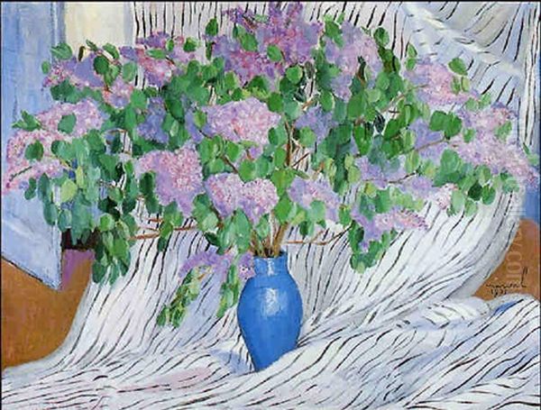 Voilage Et Vase De Lilas Oil Painting by Jacqueline Marval