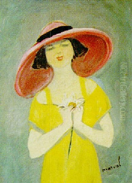 Jeune Femme Au Chapeau Rose Tenant Une Marguerite Oil Painting by Jacqueline Marval