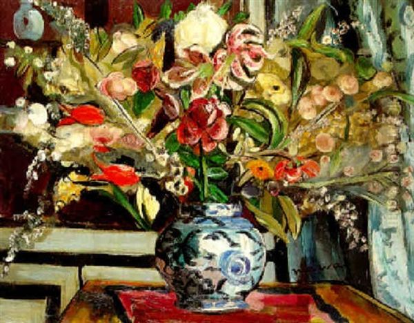 A Still Life With Flowers In A Blue China Vase Oil Painting by Jacqueline Marval