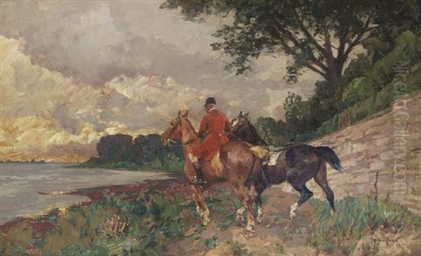 Rider At The Lake Oil Painting by Gustav Marx