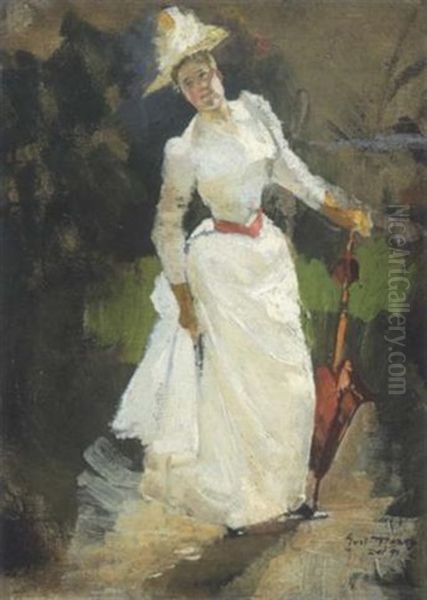 Dame In Weis Oil Painting by Gustav Marx