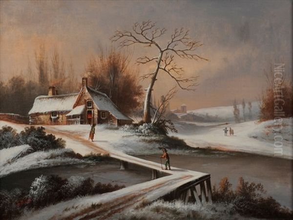 Village Sous La Neige Oil Painting by Johann Marx