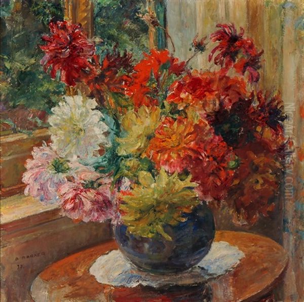 Grosses Sommerblumenbouquet In Blauer Vase Oil Painting by Alfred Marxer