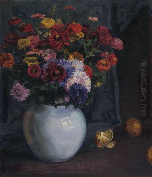 Blumenstrauss In Weisser Kugelvase Oil Painting by Alfred Marxer