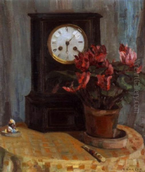 Stilleben Mit Alpenveilchen Und Pendule Auf Einem Tisch Oil Painting by Alfred Marxer