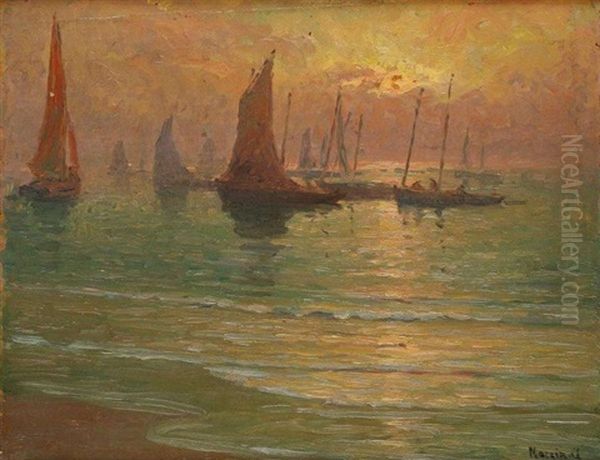 Marine Au Coucher De Soleil Oil Painting by Alfred Marzin