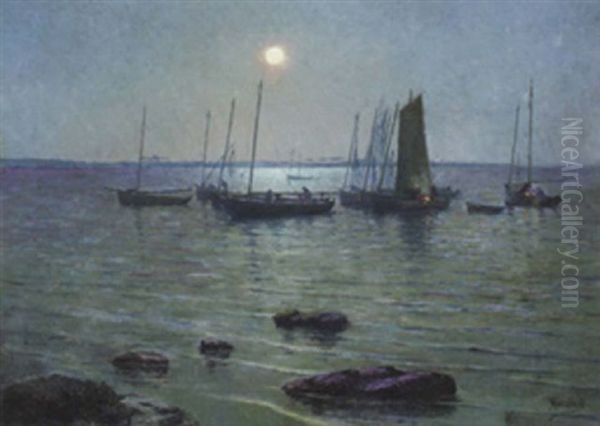 Ships By Moonlight Oil Painting by Alfred Marzin