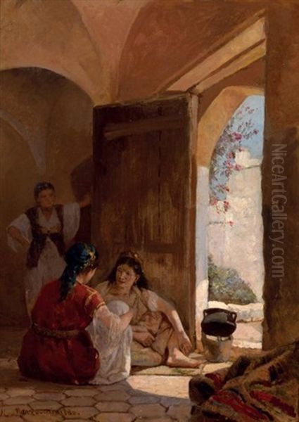 La Conversation Oil Painting by Numa Marzocchi de Belluci