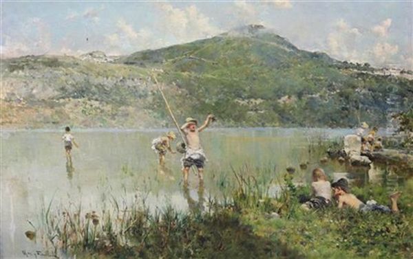 Children Fishing For Crabs Oil Painting by Arcadi Mas y Fondevila