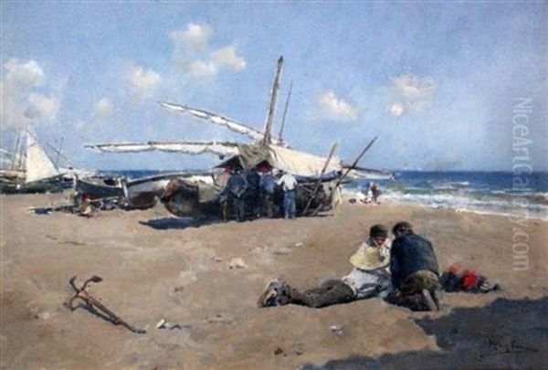 Fisherfolk On The Beach Oil Painting by Arcadi Mas y Fondevila