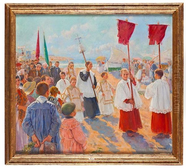 Procesion En La Playa Oil Painting by Arcadi Mas y Fondevila