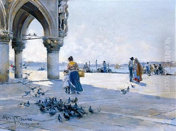 Dando De Comer A Las Palomas, Venecia (feeding The Pigeons, Venice) Oil Painting by Arcadi Mas y Fondevila