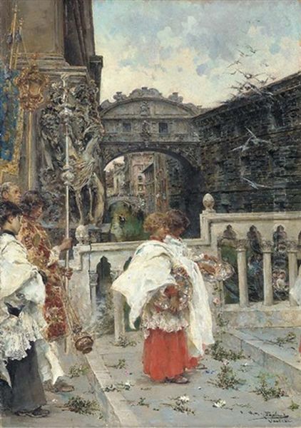 A Procession Before The Bridge Of Sighs Oil Painting by Arcadi Mas y Fondevila