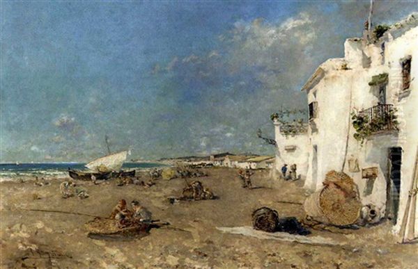 Pueblo Pesquero (fishing Village) Oil Painting by Arcadi Mas y Fondevila