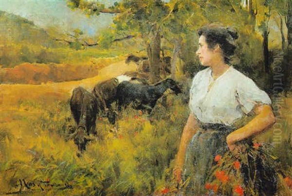 Paisaje Con Campesina Y Cabras Oil Painting by Arcadi Mas y Fondevila