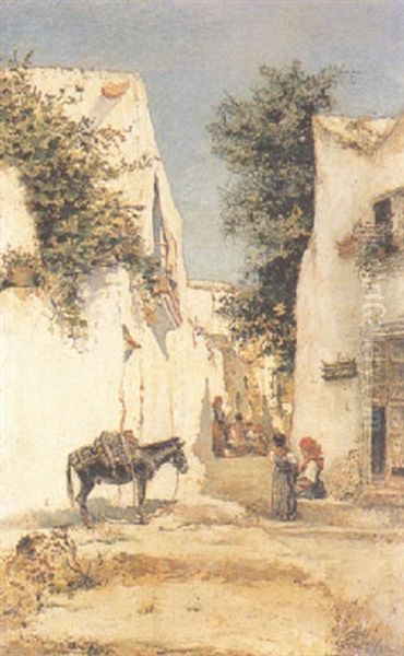 Figures With A Donkey In A Spanish Street Oil Painting by Arcadi Mas y Fondevila