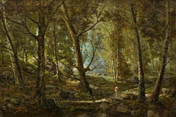 Sommerliche Waldlandschaft Mit Hirtin Am Bach Oil Painting by Gustave Mascart