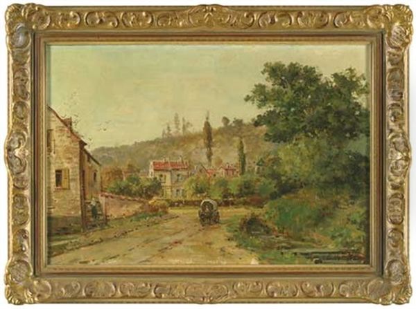 Teilansicht Einer Wohl Belgischen Stadt, Auf Der Breiten Strase Ein Planwagen Oil Painting by Gustave Mascart