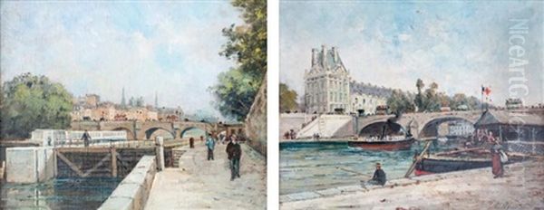 Quai De Seine, Paris (pair) Oil Painting by Gustave Mascart