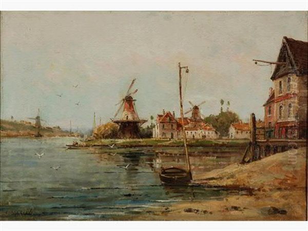 Moulins Aux Abords D'un Canal En Hollande Oil Painting by Gustave Mascart