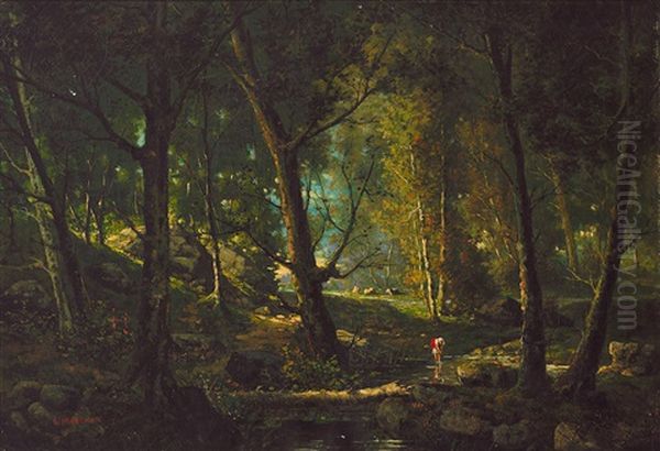 Prachtvolle Sommerliche Waldlandschaft Mit Hirtin An Einem Bach Oil Painting by Gustave Mascart