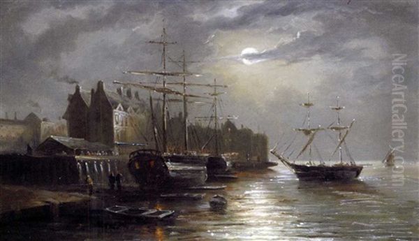 Trois-mats Dans Le Port (dunkerque?) Oil Painting by Gustave Mascart