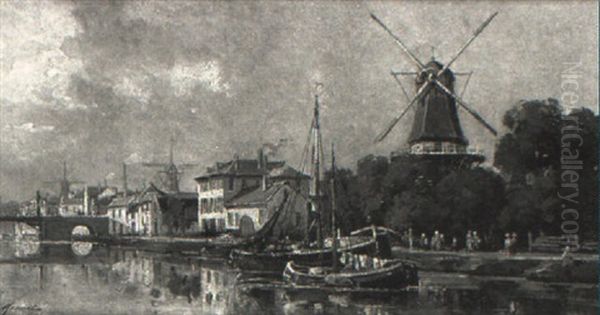 Dutch Canal Scene Oil Painting by Gustave Mascart