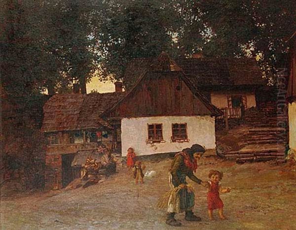 A Village Yard Oil Painting by Karel Vitezslav Masek