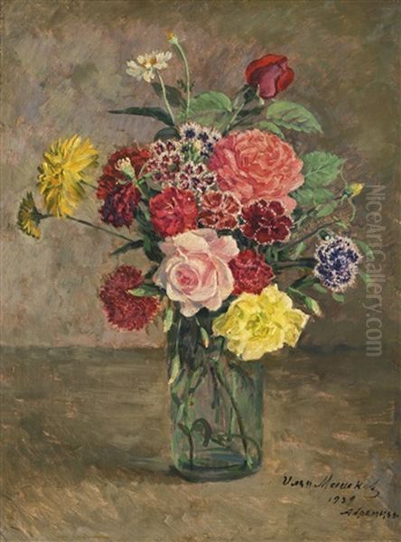 Still Life With Roses And Carnations In A Glass Jar Oil Painting by Ilya Ivanovich Mashkov