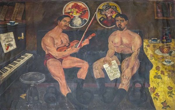 Portrait Of Ilya Mashkov And Piotr Kontchalovsky Oil Painting by Ilya Ivanovich Mashkov