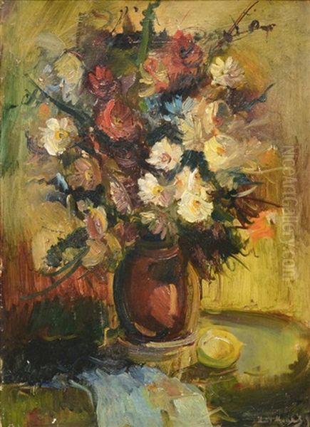 Still Life With Flower In A Red Vase Oil Painting by Ilya Ivanovich Mashkov