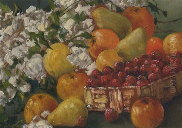 Stillleben Mit Fruchten Und Weisen Rosen Oil Painting by Ilya Ivanovich Mashkov