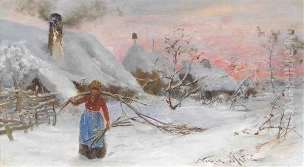 Gathering Firewood In Winter Oil Painting by Nikola Masic