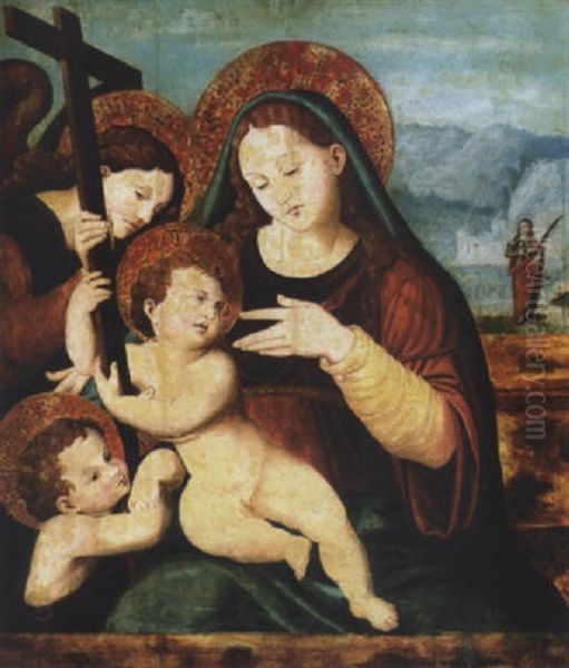 Madonna And Child, With The Infant Saint John, An Angel, And Saint Agatha Beyond Oil Painting by Vicente Masip