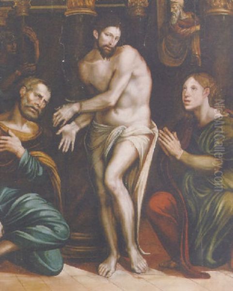 Christ At The Column With Saints John The Evangelist And Peter Oil Painting by Vicente Masip