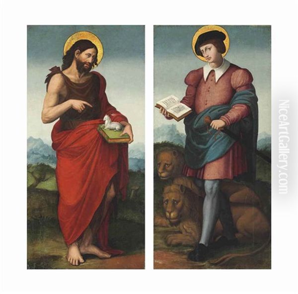 Saint John The Baptist; And Saint Mammas Of Caesarea Oil Painting by Vicente Juan (de Juanes) Masip