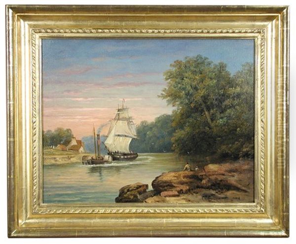 On The Avon, Near Bristol, With A Sailing Ship And Steam Tug On An Estuary Oil Painting by Christopher Mark Maskell