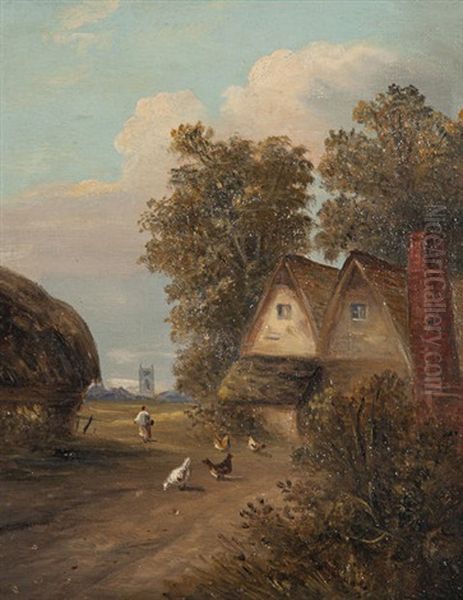 Figure And Chickens Before Cottages (+ Figures In A Landscape; Pair) Oil Painting by Christopher Mark Maskell