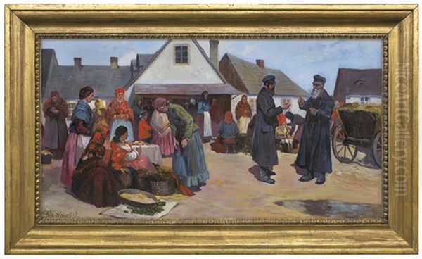 Small Town Market Oil Painting by Stanislaw Maslowski