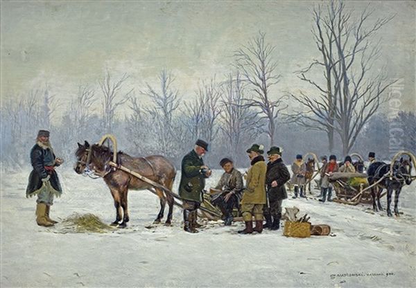 A Hunting Scene Oil Painting by Stanislaw Maslowski