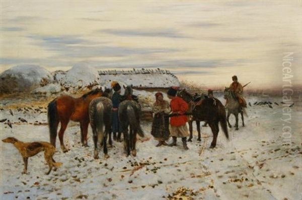 Russians In A Winter Landscape Oil Painting by Stanislaw Maslowski