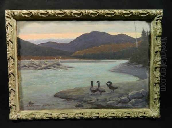 Wpa Era Shoreline Landscape With Geese Oil Painting by George Finch Mason