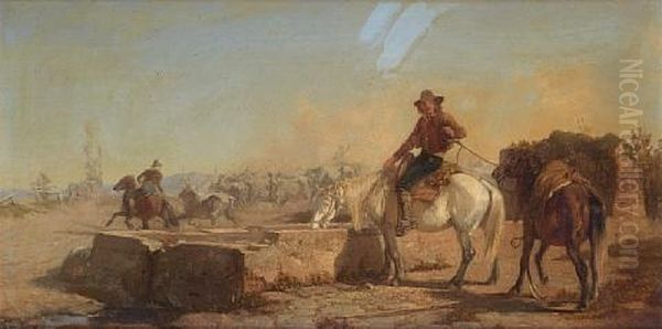 A Butero Watering His Horse In The Roman Campagna Oil Painting by George Hemning Mason