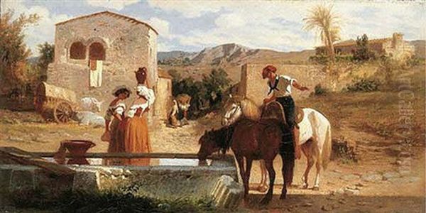 A Drinking Fountain In The Campagna Oil Painting by George Hemning Mason