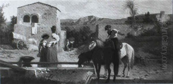 A Drinking Fountain In The Campagna Oil Painting by George Hemning Mason