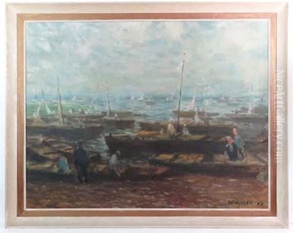 Sailing Boats At Sea And People Working On Boats Along The Shore Oil Painting by William Mason