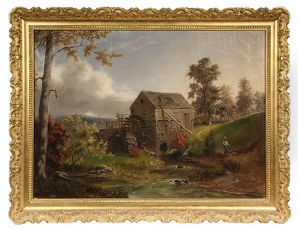 Boy With Fishing Pole Passing A Grist Mill Oil Painting by William Sanford Mason