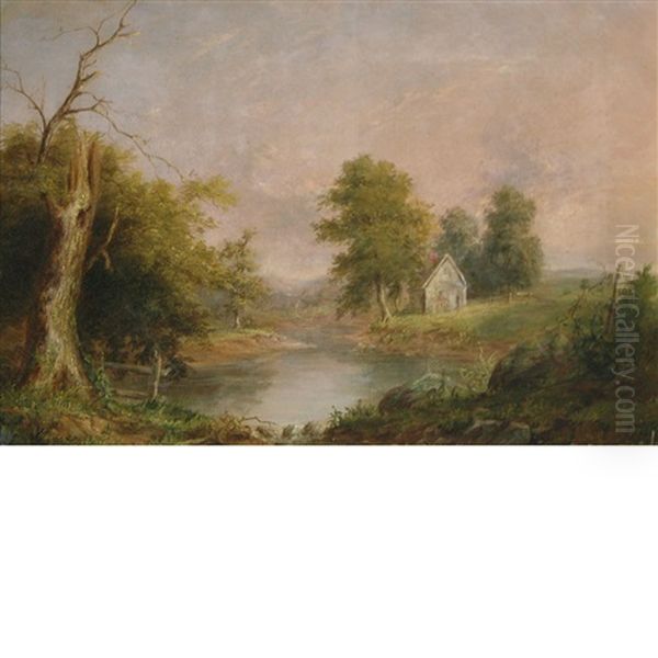 House By A Pond In A Landscape Oil Painting by William Sanford Mason